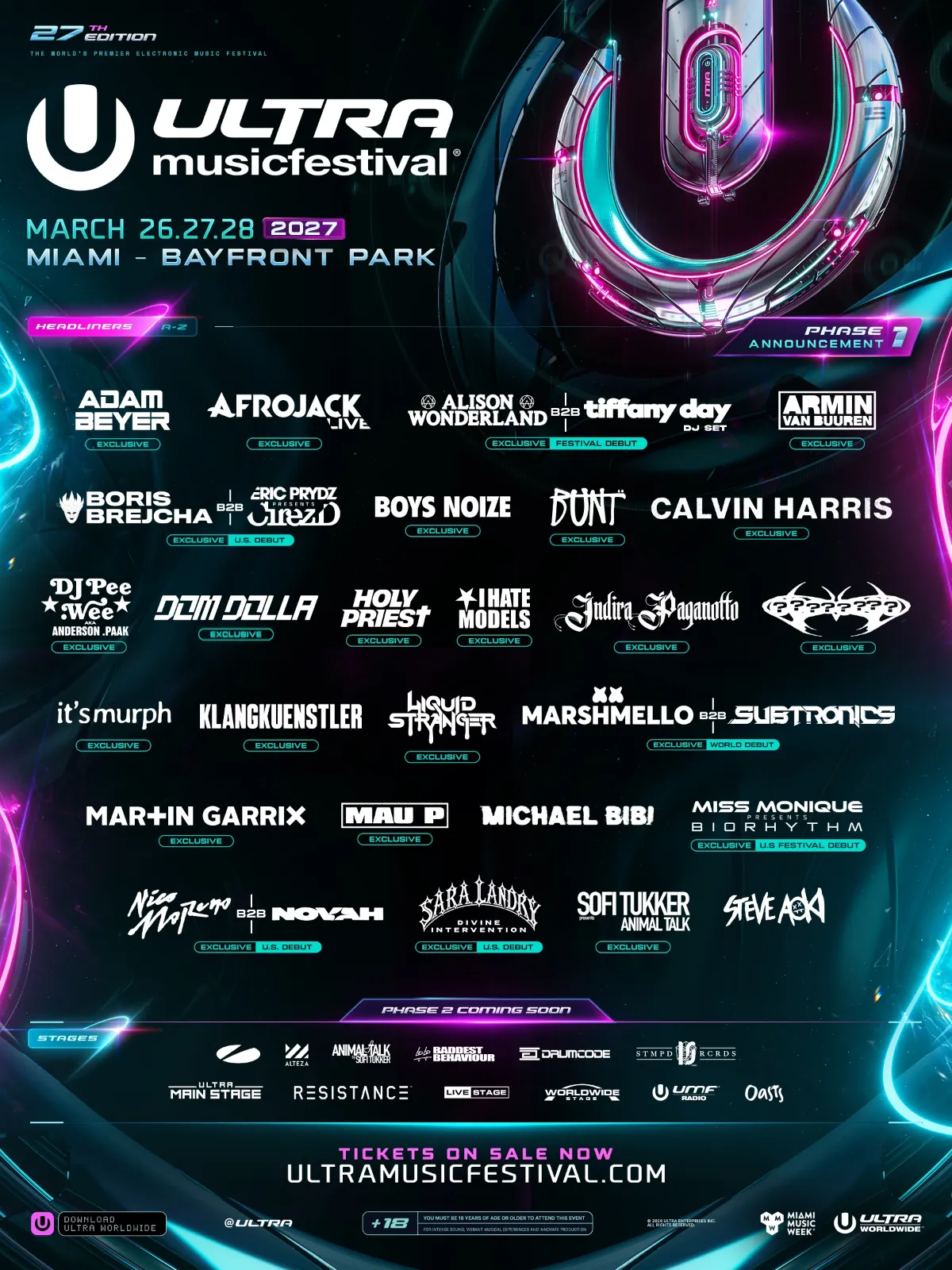 Ultra Miami 2027 revela su Phase 1: Calvin Harris, Martin Garrix y nuevos B2B encabezan el lineup